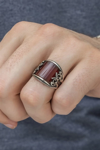 Karpuz Kesim Kırmızı Taşlı 925 Gümüş Erkek Yüzük - Resim 9