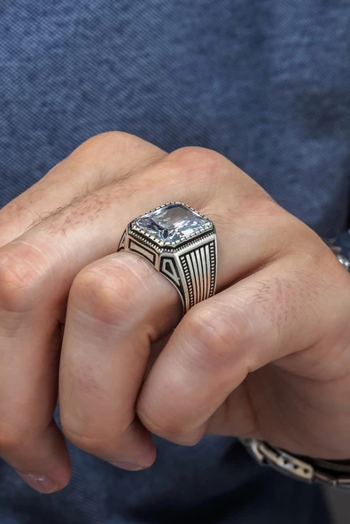 Kare Zirkon Beyaz Taşlı 925 Gümüş Erkek Yüzük - Resim 6