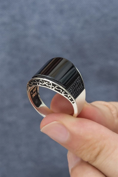 Karpuz Kesim Siyah Taşlı 925 Gümüş Erkek Yüzük - Resim 2