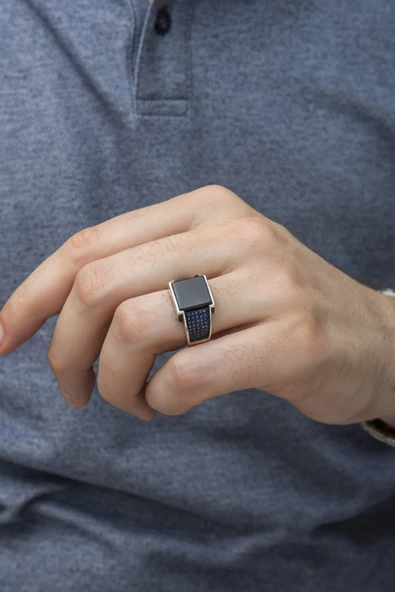 Kare Oniks Siyah Taşlı 925 Gümüş Erkek Yüzük - Resim 5