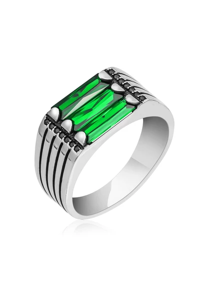 3 Sıra Baget Taşlı Yeşil Taşlı 925 Gümüş Erkek Yüzük - Resim 10