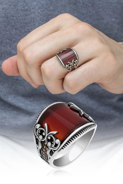 Karpuz Kesim Kırmızı Taşlı 925 Gümüş Erkek Yüzük - Resim 6