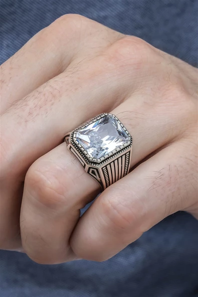 Kare Zirkon Beyaz Taşlı 925 Gümüş Erkek Yüzük - Resim 7