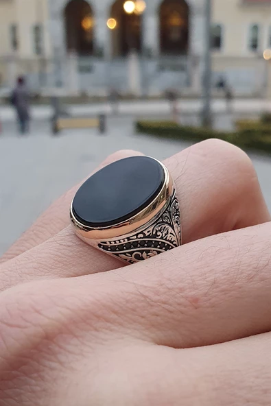 Siyah Oniks Taşlı 925 Gümüş Erkek Yüzük ürün görseli