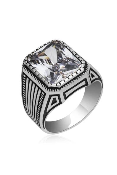 Kare Zirkon Beyaz Taşlı 925 Gümüş Erkek Yüzük - Resim 3