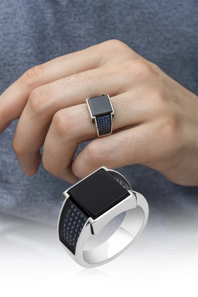 Kare Oniks Siyah Taşlı 925 Gümüş Erkek Yüzük - Resim 6