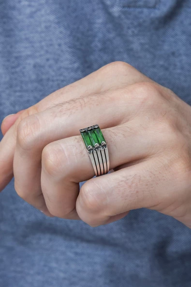 3 Sıra Baget Taşlı Yeşil Taşlı 925 Gümüş Erkek Yüzük - Resim 5