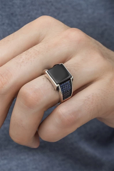 Kare Oniks Siyah Taşlı 925 Gümüş Erkek Yüzük - Resim 10