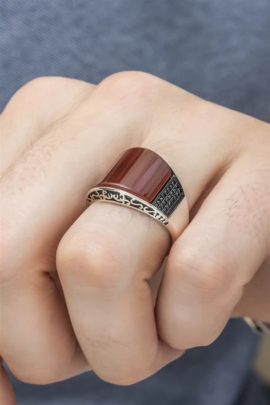 Karpuz Kesim Kırmızı Taşlı 925 Gümüş Erkek Yüzük - Resim 8