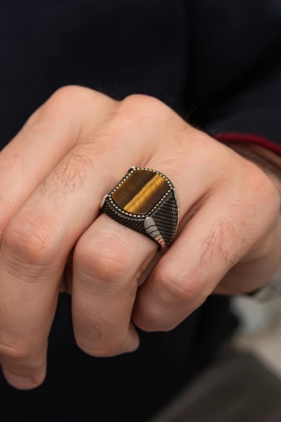 Kaplan Gözü Taşlı Hasır Modeli 925 Gümüş Erkek Yüzük - 5