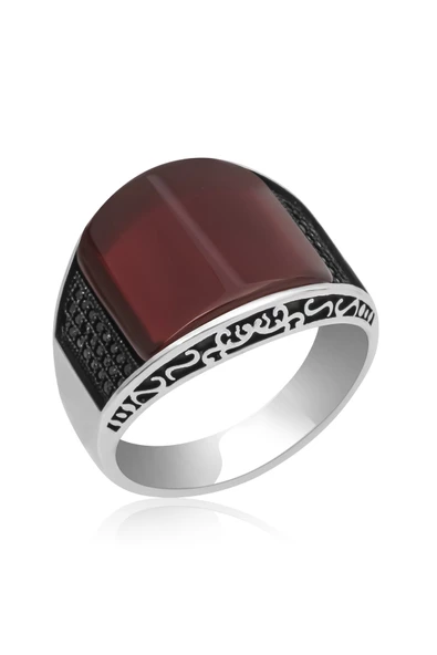 Karpuz Kesim Kırmızı Taşlı 925 Gümüş Erkek Yüzük - Resim 11