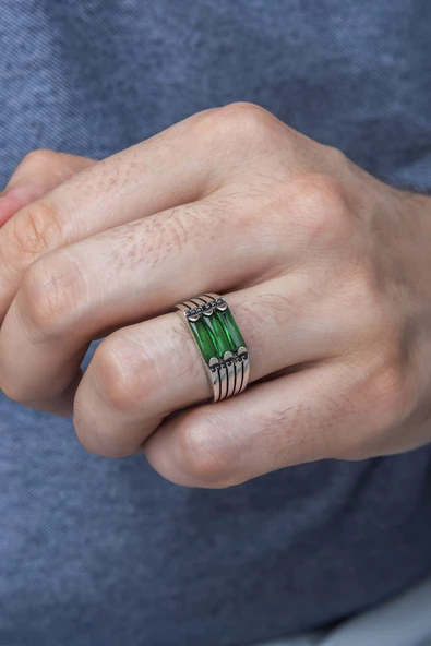 3 Sıra Baget Taşlı Yeşil Taşlı 925 Gümüş Erkek Yüzük - Resim 6