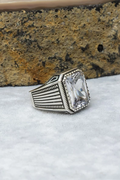 Kare Zirkon Beyaz Taşlı 925 Gümüş Erkek Yüzük - Resim 8