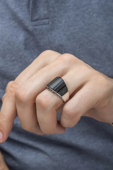 Karpuz Kesim Siyah Taşlı 925 Gümüş Erkek Yüzük - Resim 6