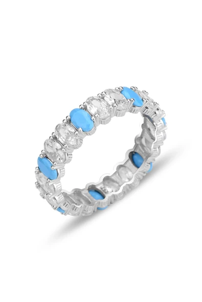 Gümüş rodyumlu oval baget kesim turkuaz ve zirkon taşlı tamtur yüzük SGTL12399MAVI ürün görseli