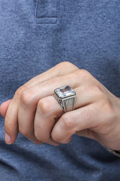 Kare Zirkon Beyaz Taşlı 925 Gümüş Erkek Yüzük - Resim 5