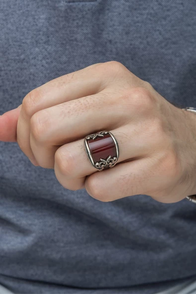 Karpuz Kesim Kırmızı Taşlı 925 Gümüş Erkek Yüzük - Resim 8