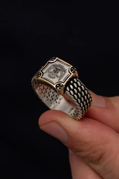 Selçuklu Çift Başlı Kartal Armalı 925 Gümüş Erkek Yüzük - Resim 8