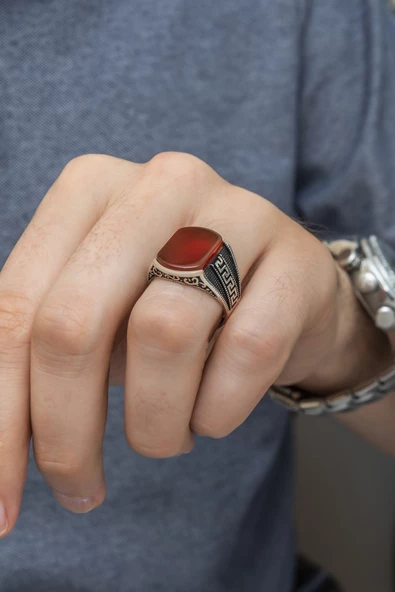 Grek Desenli Akik Taşlı 925 Gümüş Erkek Yüzük - Resim 5