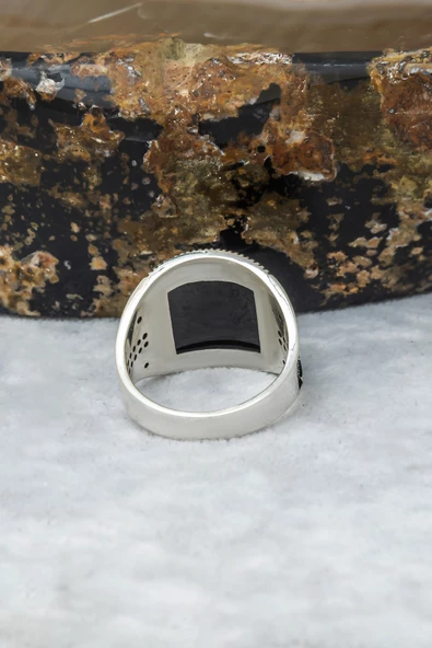 Karpuz Kesim Siyah Taşlı 925 Gümüş Erkek Yüzük - Resim 5