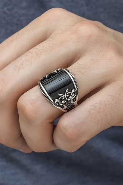 Karpuz Kesim Siyah Taşlı 925 Gümüş Erkek Yüzük - Resim 2