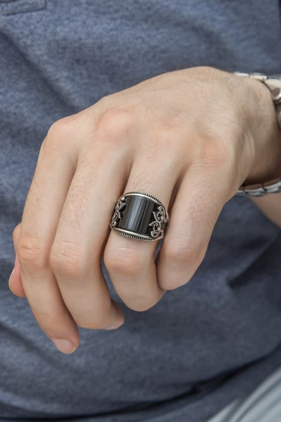 Karpuz Kesim Siyah Taşlı 925 Gümüş Erkek Yüzük - Resim 8
