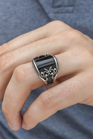 Karpuz Kesim Siyah Taşlı 925 Gümüş Erkek Yüzük - Resim 11