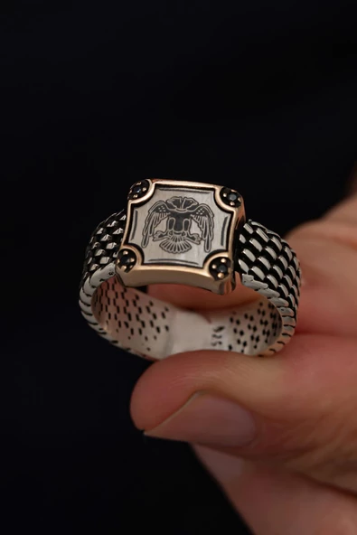 Selçuklu Çift Başlı Kartal Armalı 925 Gümüş Erkek Yüzük - Resim 6