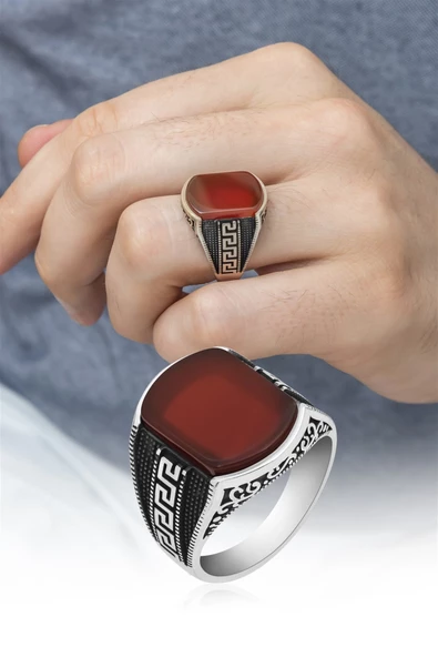 Grek Desenli Akik Taşlı 925 Gümüş Erkek Yüzük - Resim 3