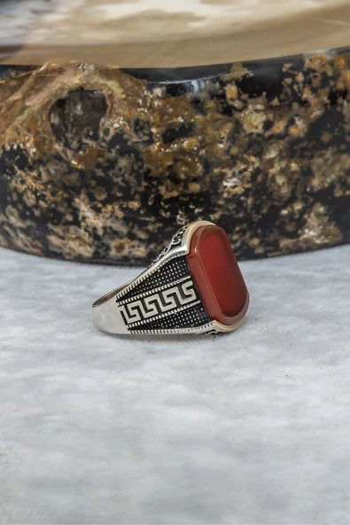 Grek Desenli Akik Taşlı 925 Gümüş Erkek Yüzük - Resim 7