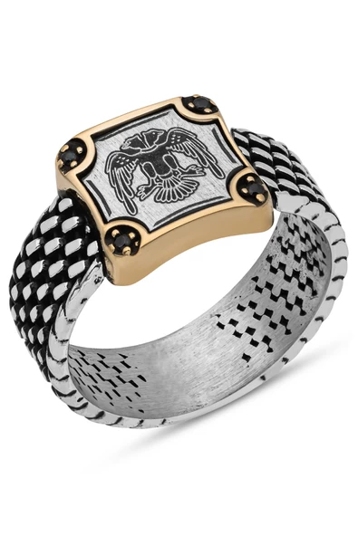 Selçuklu Çift Başlı Kartal Armalı 925 Gümüş Erkek Yüzük - Resim 2