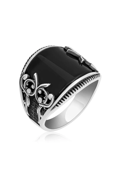 Karpuz Kesim Siyah Taşlı 925 Gümüş Erkek Yüzük - Resim 6
