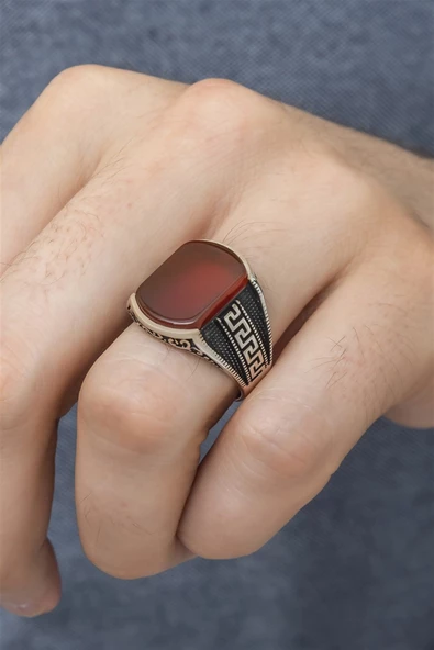 Grek Desenli Akik Taşlı 925 Gümüş Erkek Yüzük - Resim 9