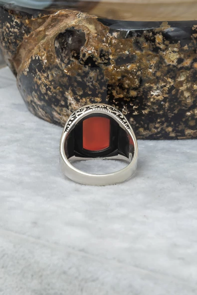 Grek Desenli Akik Taşlı 925 Gümüş Erkek Yüzük - Resim 8