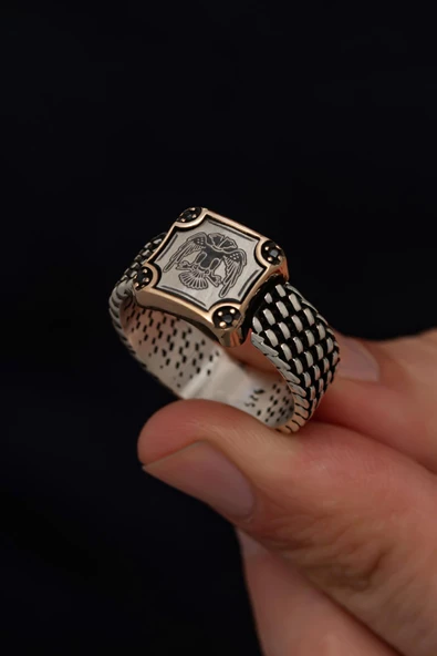 Selçuklu Çift Başlı Kartal Armalı 925 Gümüş Erkek Yüzük - Resim 4