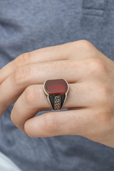 Grek Desenli Akik Taşlı 925 Gümüş Erkek Yüzük - Resim 6