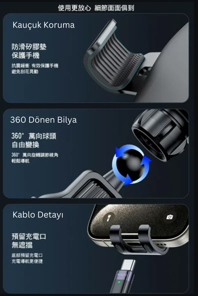 Araç Tutucu Hava Çıkış Kancalı Ayarlanabilir Kauçuk Korumalı Sarsılmaz Telefon Tutucu Braket C243 - Resim 5