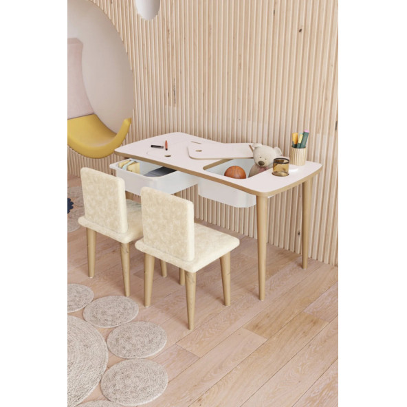 Yüceer Home Montessori Çocuk Oyun 2 Çekmeceli Aktivite Masası Çift Saldalyeli Welsoft Kumaşlı Oturma Takımı