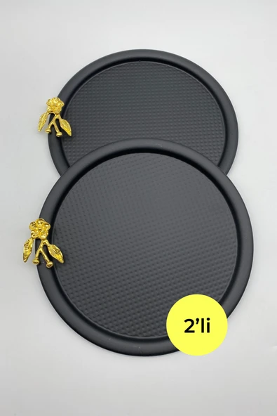2'li Japon Güllü Yuvarlak Siyah Çay ve Kahve Sunum Tepsisi, Dekoratif Servis Tepsisi 22cm