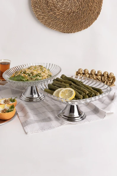 2'li Gümüş Ayaklı Elips ve Kare Cam Sunumluk, Sarma, Dolma, Salata, Meyve, ve Pasta Stantı, Çeyizlik