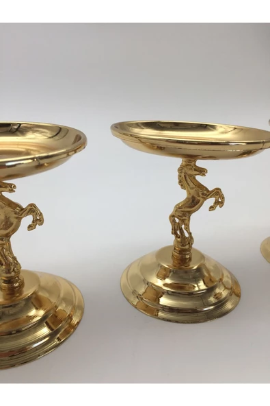 3'lü Atlı Gold Lokumluk, Çay ve Kahve Yanı Sunumluk, Metal Şekerlik, Makaronluk - 2
