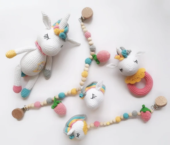 Unicorn Modeli Yenidoğan Seti Amigurumi Organik Oyuncak