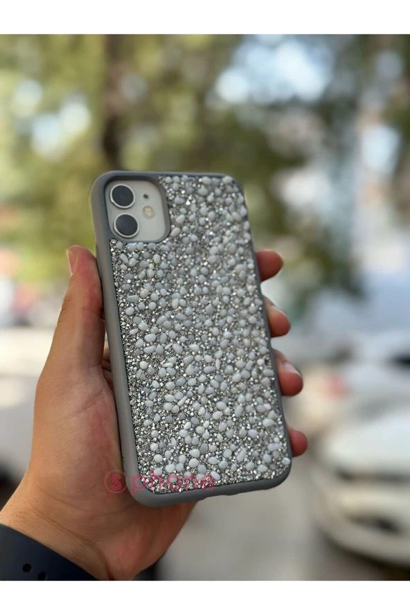 iPhone 11 Pro Max Kılıf Taşlı Işıltılı Akik Taşı Kabartmalı Dökülmez Renkli Kapak