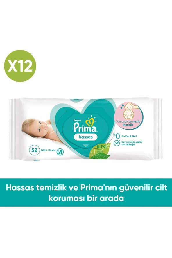 Prima Islak Havlu Mendil Hassas Ciltler Için 52 Yaprak X12 Paket