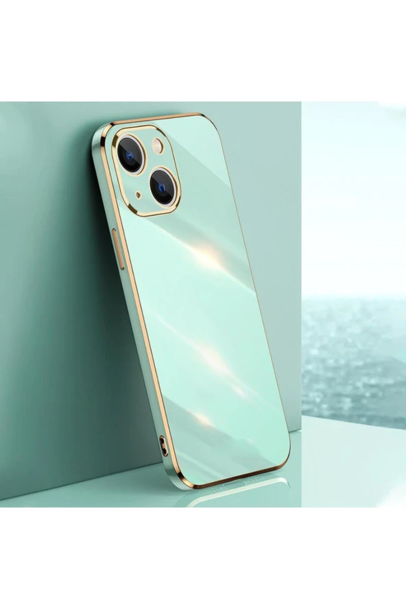 Iphone 13 Uyumlu Sert Silikon Renkli Şık Gold Kenarlı Stand Takılabilir Kılıf