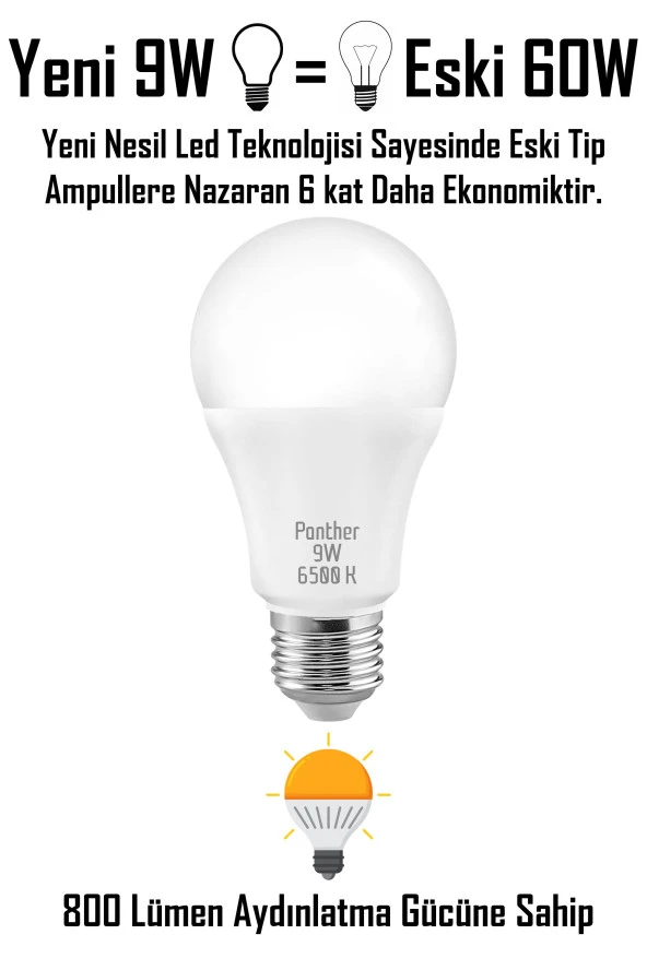 9W Beyaz LED E27 Ampul Tasarruflu Lamba 6500 K Beyaz Işık 800 Lümen 9W=60W - 3