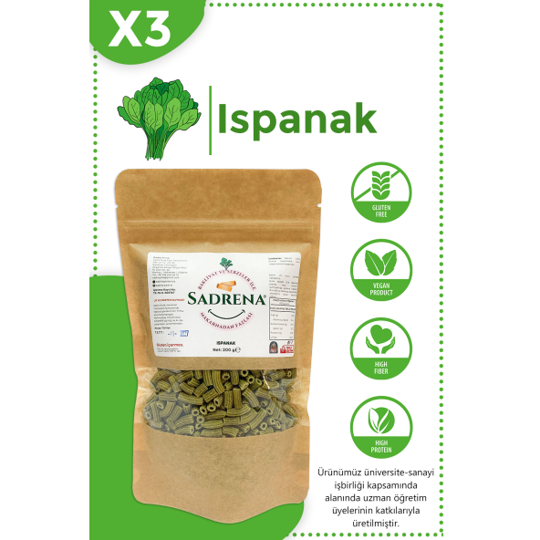 SADRENA Glutensiz & Vegan Yüksek Protein ve Lif İçeren Ispanaklı Makarna 200gr.Avantajlı 3'lü Paket.