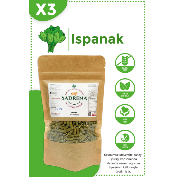 Glutensiz & Vegan Yüksek Protein ve Lif İçeren Ispanaklı Makarna 200gr.Avantajlı 3'lü Paket.