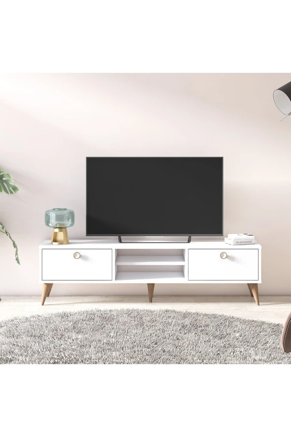 Ruum Store Vega Tv Ünitesi İki Kapaklı Yüksek Ayaklı Opak Beyaz