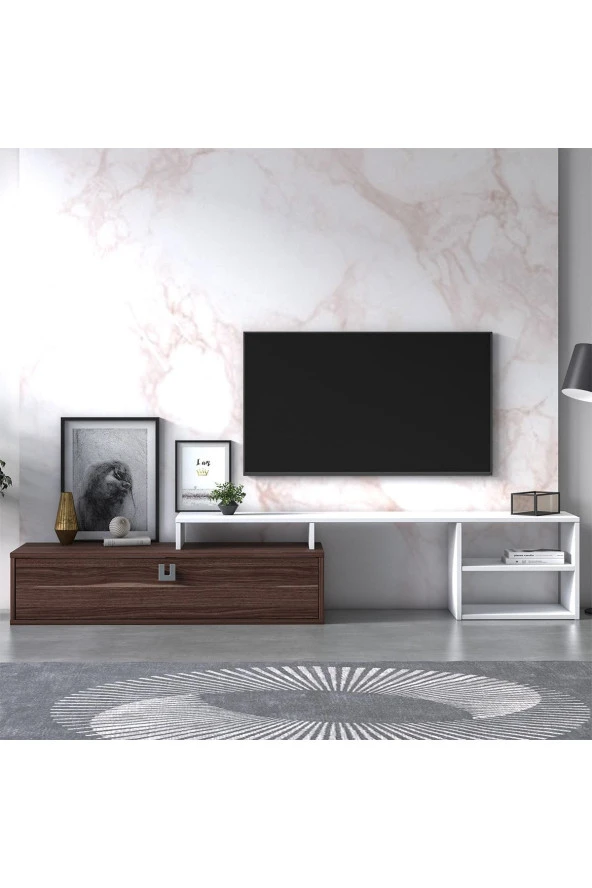 Ruum Store Optimo Tv Ünitesi Fonksiyonel Geniş Kapaklı Ceviz Beyaz